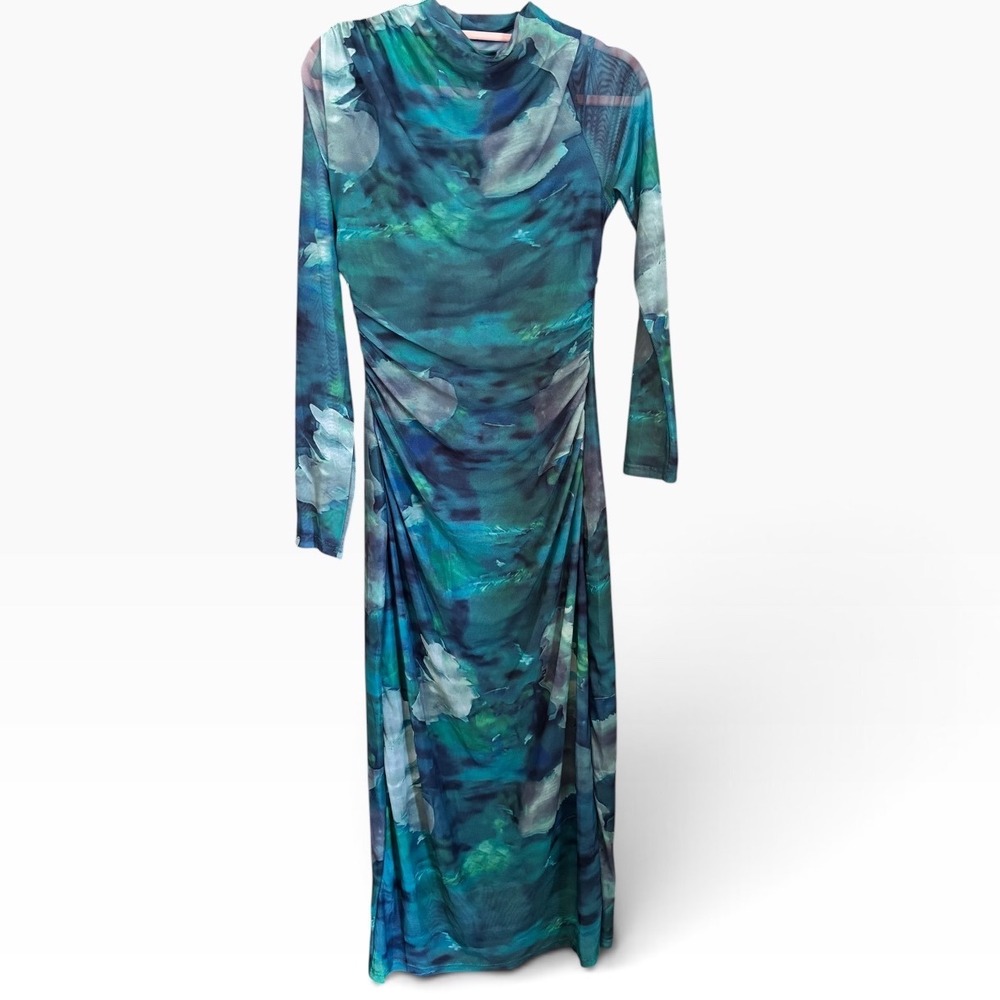 MEROKEETY Womens Teal Abstract Floral Mesh Ruched Mock Neck Midi Dress Size M